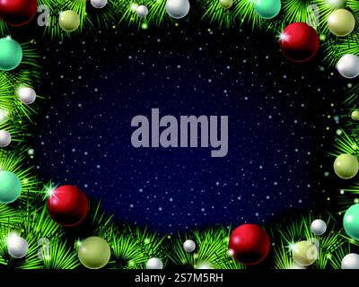 colorful and sparkling Christmas decorations over snowy night . colorful and sparkling Christmas decorations Stock Vector
