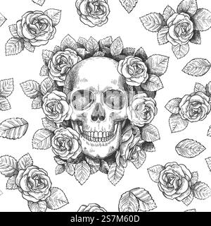 Skull with flowers. Sketch skulls with roses gothic artwork, repeat graphic print wallpaper, textile texture seamless vector pattern. Foliage and plants with scary face, frightening dead head. Skull with flowers. Sketch skulls with roses gothic artwork, repeat graphic print wallpaper, textile texture seamless vector pattern Stock Vector