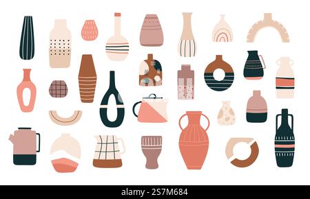 Scandinavian vases. Ceramic jugs, pots and teapots in minimalistic trendy style. Decorative pitcher, antique pottery cup and vase vector set. Illustration traditional pitcher, vase ceramic and pottery. Scandinavian vases. Ceramic jugs, pots and teapots in minimalistic trendy style. Decorative pitcher, antique pottery cup and vase vector set Stock Vector