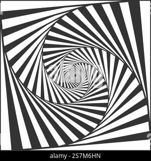 Optical spiral illusion. Black and white alternating strips creating hypnotic effect, vertigo geometric whirl and rotating stripes. Abstract curves with deceptive motion vector illustration. Optical spiral illusion. Black and white alternating strips creating hypnotic effect, vertigo geometric whirl Stock Vector