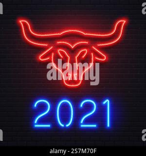 Neon red ox for 2021 New Year greeting card. Bright blue letters 2021 sign, bar or cafe signboard, light banner. Logo bull for holiday celebration. Cow symbol on brick wall vector illustration. Neon red ox for 2021 New Year greeting card. Bright blue letters 2021 sign, bar or cafe signboard, light banner Stock Vector