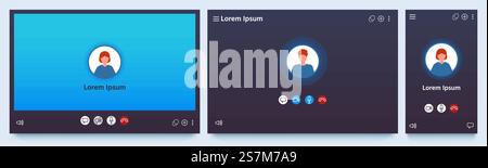 Video call interface. Web chat UI screen mockup. Application for calls and online conference meeting. Communication windows vector set. Illustration video interface screen, communication conference. Video call interface. Web chat UI screen mockup. Application for calls and online conference meeting. Communication windows vector set Stock Vector