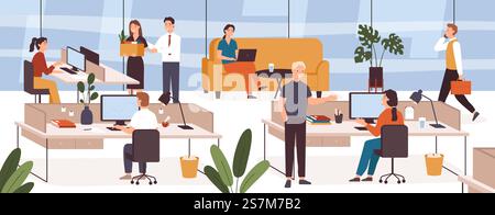 Busy people in office. Company modern workplace interior with employees sitting tables and computers. Scene with work process vector concept. Female and male colleagues working in open space. Busy people in office. Company modern workplace interior with employees sitting tables and computers. Scene with work process vector concept Stock Vector