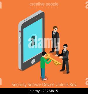 Security Service Device Unlock Key. Special agents taking universal clue to smartphone. Flat 3d isometry isometric style web site app icon set concept vector illustration. Creative people collection. Stock Vector