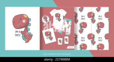 cute dino for merch and seamless pattern Stock Vector