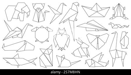 Origami line animals. Paper geometric graphic logo and icon bird, fox, crane, mouse, shark and elephant. Outline abstract animal vector set. Illustration origami hobby, chinese fox and shark paper. Origami line animals. Paper geometric graphic logo and icon bird, fox, crane, mouse, shark and elephant. Outline abstract animal vector set Stock Vector