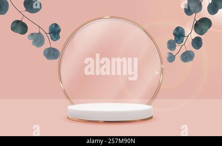 Realistic 3d gold pedestal with eucalyptus leaves over pastel natural background. Trendy empty podium display for cosmetic product presentation, fashion magazine. Copy space vector illustration EPS10 Stock Vector