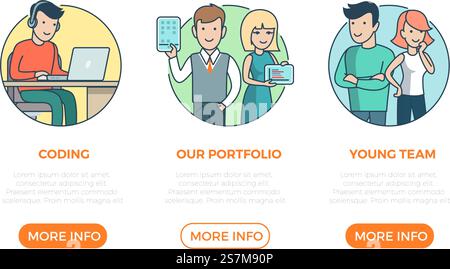 Linear flat page web design template infographics website icons thin line vector illustration. Coding, portfolio, team, programmer. Business team concept. Stock Vector