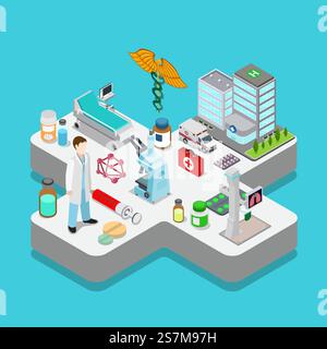 Hospital healthcare isometric vector flat 3d isometry objects illustration. Cross, doctor, clinic building, ward, microscope, pills, ambulance, syringe, x-ray. Medicine collection. Stock Vector