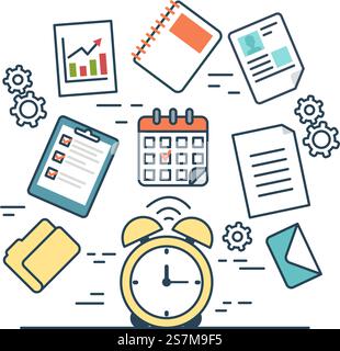 Linear flat TIME MANAGEMENT infographics template and icons website vector illustration. Business concept. Alarm clock, gear, check list, summary, folder, portfolio, document Stock Vector