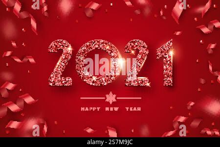 Happy New Year 2021. Background with shining numerals and ribbons. New year and Christmas card illustration on red background. Holiday vector illustration of red textured numbers 2021. Happy New Year 2021. Background with shining numerals and ribbons. New year and Christmas card illustration on red background. Holiday illustration of red textured numbers 2021 Stock Vector