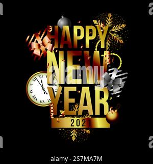 happy new year elegant card with clock and gifts between snowflakes and christmas balls over dark background. happy new year Stock Vector