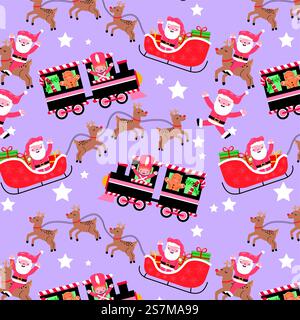 christmas pattern seamless with sled and train and christmas character. christmas pattern seamless Stock Vector