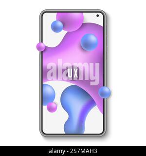 Realistic models smartphone with transparent screens. Smartphone mockup collection. Device front view. 3D mobile phone with shadow on transparent background - stock vector.. Mobile phone template. Mockup of a mobile application with liquid design. Abstract fluid shapes. UI and UX. Modern smartphone. Vector illustration. Stock Vector