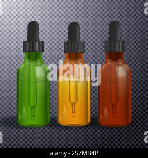 Various glass bottles with CBD oil, THC tincture and hemp leaves on a marble background. Flat lay, minimalism. Cosmetics CBD oil. Stock Vector