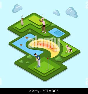 Golf course field concept. Flat 3d isometry isometric style web site app icon set concept vector illustration. Creative people collection. Stock Vector
