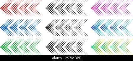 Halftone arrows. Color web arrow with dots. Colorful dotted moving forward and download symbols. Direction signpost gradient arrows web logo. Isolated colorful vector icons set. Halftone arrows. Color web arrow with dots. Colorful dotted moving forward and download symbols isolated vector set Stock Vector