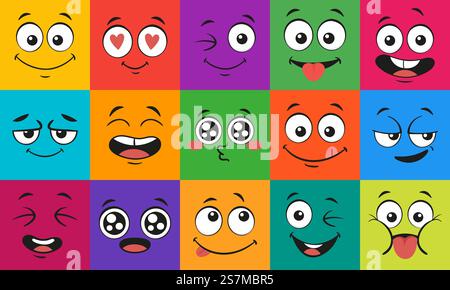 Cartoon face expressions. Happy surprised faces, doodle characters mouth and eyes. Face doodle or shy, love and kiss kawaii manga emotion. Emoticon comic avatar vector illustration set. Cartoon face expressions. Happy surprised faces, doodle characters mouth and eyes vector illustration set Stock Vector
