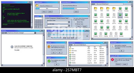 Retro user interface. Retro UI copying, downloading box. Warning message window. Old internet browser, terminal and music player vector set. vintage computer software control screen panels and dialogs. Retro user interface. Retro UI copying, downloading box and warning message window. Old internet browser, terminal and music player vector set Stock Vector