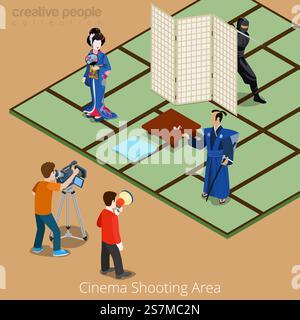 Cinema shooting area concept. Japan samurai geisha ninja movie stage. Flat 3d isometry isometric style web site app icon set concept vector illustration. Creative people collection. Stock Vector