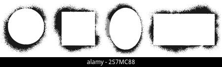 Grunge stencil frames. Spray painted frame, ink splatter texture and stencils border. Geometric circle, oval and square, rectangle wall graffiti. Isolated vector illustration icons set. Grunge stencil frames. Spray painted frame, ink splatter texture and stencils border vector illustration set Stock Vector