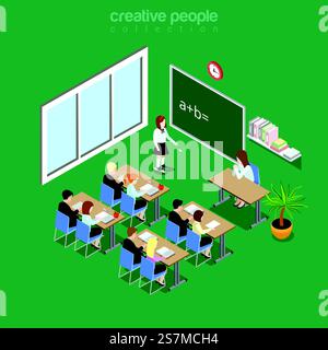 Isometric flat classroom interior in school, college or university vector illustration. Education and knowledge 3d isometry concept. Student by the blackboard, teacher at workplace, pupils in class. Stock Vector