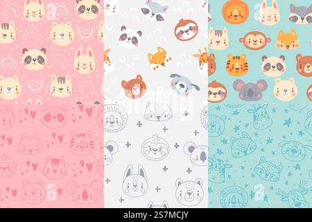 Seamless animals faces pattern. Cute animal heads, hand drawn zoo animals portraits patterns for kids vector illustration set. Seamless endless muzzle animals, raccoon and panda, tiger and giraffe. Seamless animals faces pattern. Cute animal heads, hand drawn zoo animals portraits patterns for kids vector illustration set Stock Vector