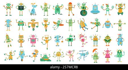 Cartoon robots. Cute robot toy for kids, robotics science and mechanical robotic toys vector illustration set. Machine robot intelligence, future artificial cyborg, toy electric humanoid. Cartoon robots. Cute robot toy for kids, robotics science and mechanical robotic toys vector illustration set Stock Vector