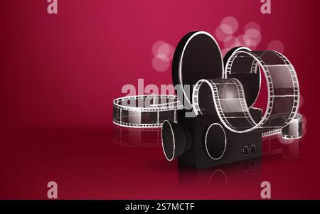 Movie time vector illustration. Cinema poster concept on red round background. Composition with popcorn, clapperboard, 3d glasses and filmstrip. Cinema banner design for movie theater. Stock Vector