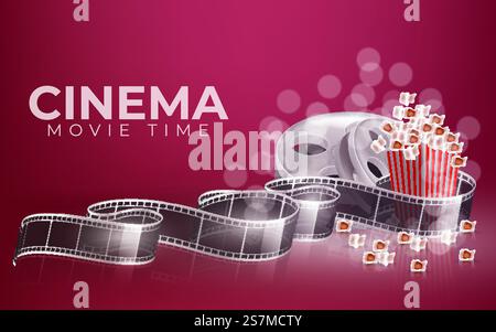 Movie time vector illustration. Cinema poster concept on red round background. Composition with popcorn, clapperboard, 3d glasses and filmstrip. Cinema banner design for movie theater. Stock Vector
