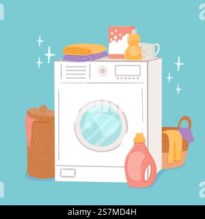 Washing machine and laundry. Cartoon washer, linen baskets and cleaning products, soap powder and conditioner. Clothing wash vector concept. Illustration washer machine for housework. Washing machine and laundry. Cartoon washer, linen baskets and cleaning products, soap powder and conditioner. Clothing wash vector concept Stock Vector