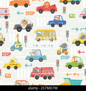 Animals in transport seamless pattern. Kid cartoon cars, bus, police and bike with animal driver. Vector texture with road traffic and signs. Lion, elephant, giraffe and dog on vehicle. Animals in transport seamless pattern. Kid cartoon cars, bus, police and bike with animal driver. Vector texture with road traffic and signs Stock Vector