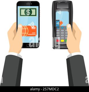 Flat contactless EMV RFID payment credit card POS terminal vector illustration. Online money transfer service. Hand with smartphone pay money compatible payment terminals Stock Vector
