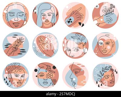 Social media highlight covers. Abstract boho story icons for beauty bloggers with female faces, hands and flowers, round shaped vector set. Plants with leaves and woman head with hairstyle. Social media highlight covers. Abstract boho story icons for beauty bloggers with female faces, hands and flowers, round shaped vector set Stock Vector