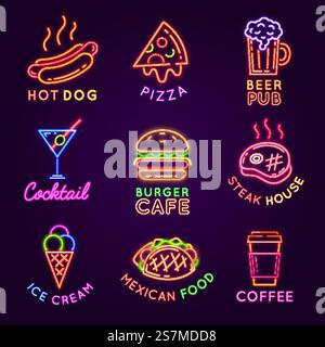 Cafe neon signs. Food and drink glowing light billboards. Burger and pizza restaurant, beer pub, steak house and coffee bar sign vector set. Advertisement for selling ice cream and cocktail. Cafe neon signs. Food and drink glowing light billboards. Burger and pizza restaurant, beer pub, steak house and coffee bar sign vector set Stock Vector
