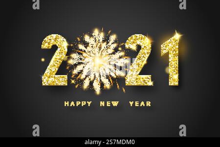 Happy New Year 2021. Background with shining numerals and fireworks. New year and Christmas card illustration on black background. Holiday vector illustration of golden textured numbers 2021. Happy New Year 2021. Background with shining numerals and fireworks. New year and Christmas card illustration on black background. Holiday illustration of golden textured numbers 2021 Stock Vector