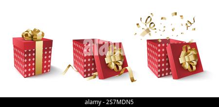 Red box with gold ribbon and confetti isolated on white background. Gift box. Merry Christmas and Happy New Year 2021. Vector illustration Stock Vector