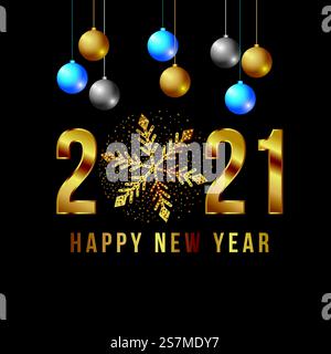 happy new year elegant card with christmas balls and number over dark background. happy new year Stock Vector