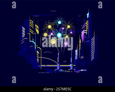 Colorful celebratory salute over city late at night. Vector illustration. Colorful celebratory salute Stock Vector
