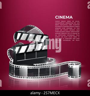 Movie time vector illustration. Cinema poster concept on red round background. Composition with popcorn, clapperboard, 3d glasses and filmstrip. Cinema banner design for movie theater. Stock Vector