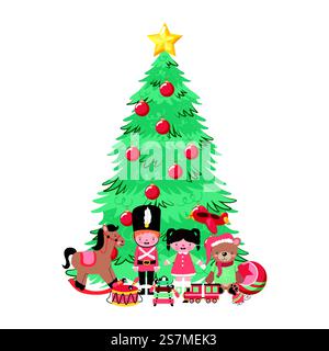 christmas tree and toys cartoons with dolls and musical instruments. vector illustration. christmas tree and toys cartoons Stock Vector