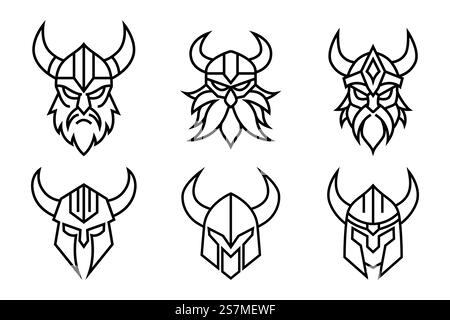 A collection of six minimalist line art designs depicting various styles of horned Viking helmets and heads. Stock Vector