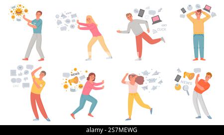 Information stress. Anxiety people running from data overload, propaganda, internet social media, fake news and pandemic panic, vector set. Illustration anxiety information, problem and stress. Information stress. Anxiety people running from data overload, propaganda, internet social media, fake news and pandemic panic, vector set Stock Vector