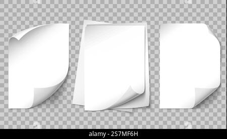 White paper page. Writing pages, A4 sheet curled corner and turn papers sheets 3d template. Parchment book page, empty business document. Isolated realistic vector illustration icons set. White paper page. Writing pages, A4 sheet curled corner and turn papers sheets 3d template vector illustration set Stock Vector