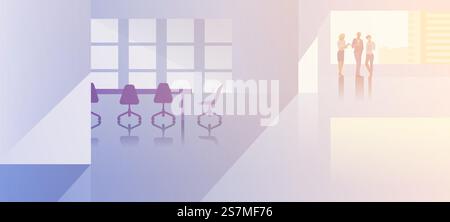 Office interior open-space flat design vector illustration. Business people standing talking in modern meeting room conference hall Businessmen and Businesswoman silhouette near big window Stock Vector