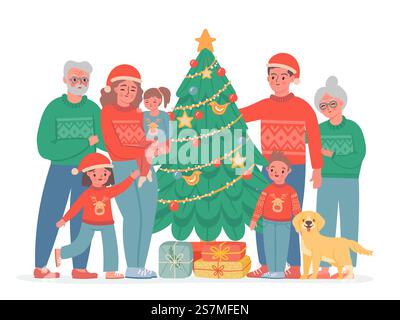 Big christmas family. Grandma, grandpa, mom and dad, kids and dog in sweaters and santa hat. Vector family portrait with decorated pine tree.. Happy family, grandchildren and grandparents. Big christmas family. Grandma, grandpa, mom and dad, kids and dog in sweaters and santa hat. Vector family portrait with decorated pine tree Stock Vector