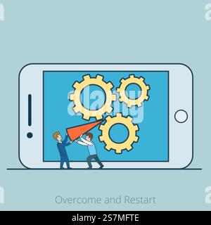 Linear Flat Two Micro businessmen blocked gearwheels by red arrow on smartphone screen vector illustration. Overcome and business Restart concept. Stock Vector