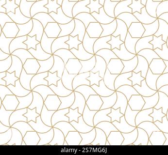 Arabic seamless pattern. Islamic geometric abstract background, damask asian wallpaper. Antique moroccan gold ramadan wallpaper, art deco engraving ornament vector repeating texture. Arabic seamless pattern. Islamic geometric abstract background, damask asian wallpaper. Antique moroccan gold vector repeating texture Stock Vector
