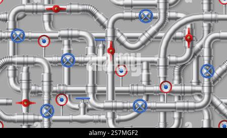 Industrial pipeline pattern. Steel water pipes, metal pipe with valve seamless vector background illustration. Modern backdrop with interwoven conduits for water supply, drainage, plumbing system.. Industrial pipeline pattern. Steel water pipes, metal pipe with valve seamless vector background illustration Stock Vector