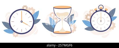 Clock, hourglass and stopwatch. Analog watch clocks, countdown timer and time management. Timekeeping alarm or timer measurement. Isolated vector illustration icons set. Clock, hourglass and stopwatch. Analog watch clocks, countdown timer and time management vector illustration set Stock Vector